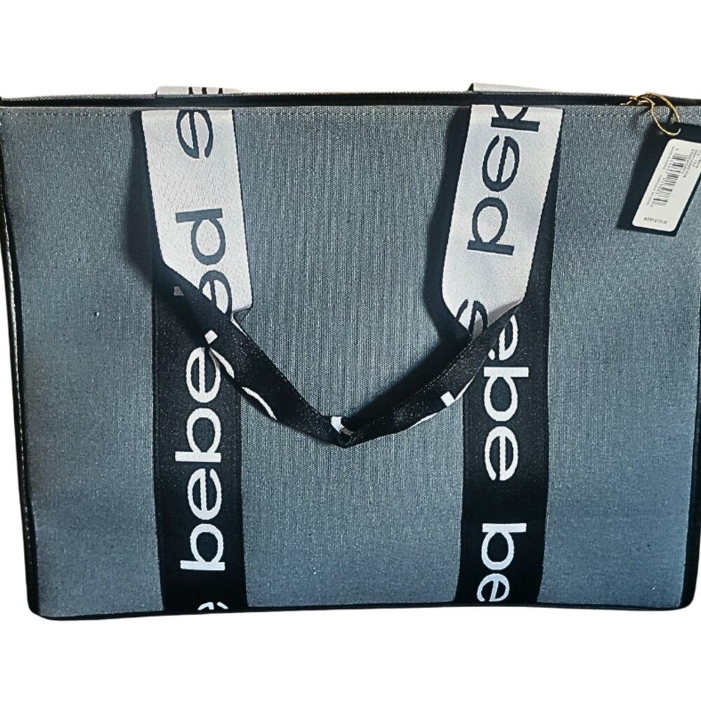 Bebe Gray/Bluel Canvas Tote Bag with Logo Straps - Large Bag with Inner pocket.